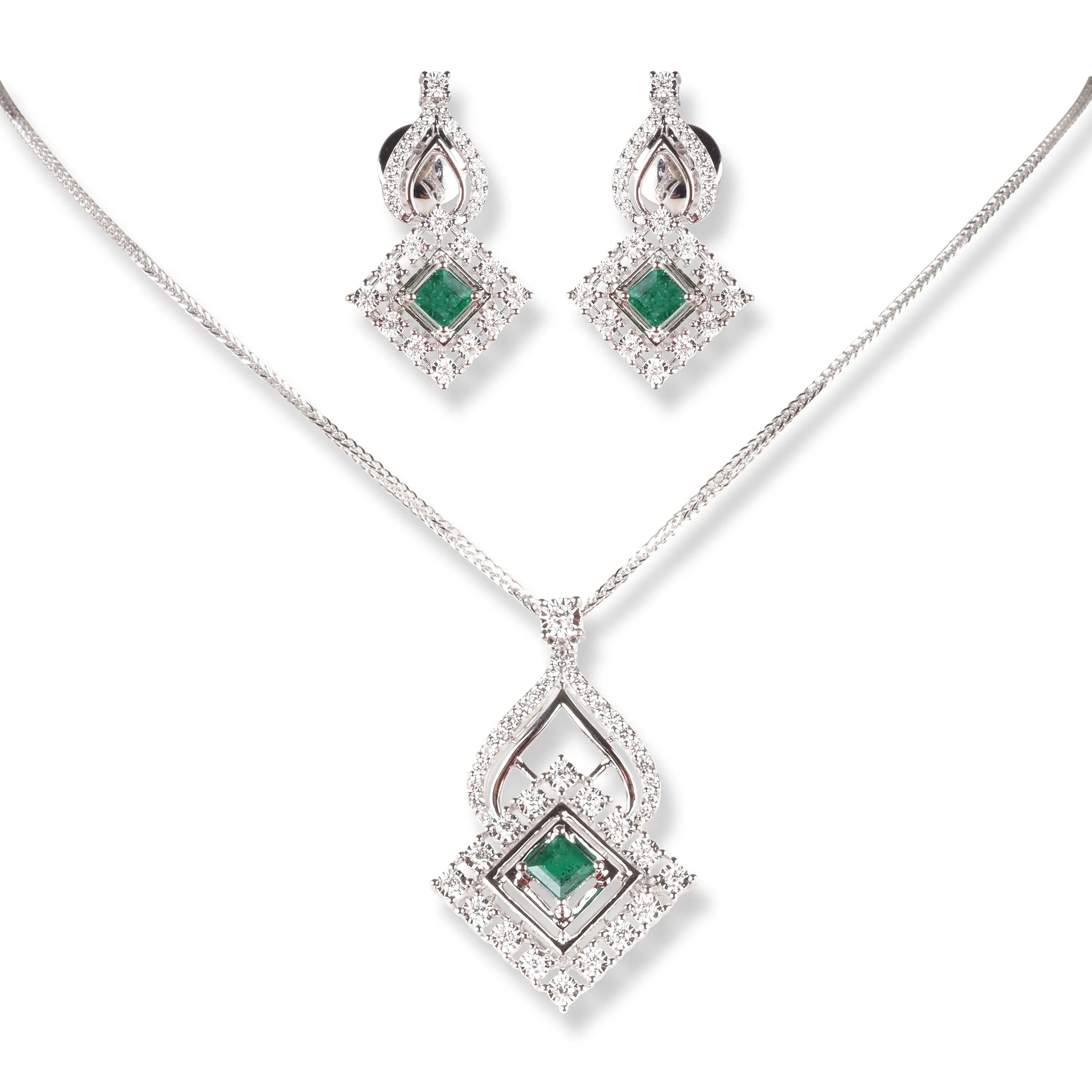 18ct White Gold Diamond & Emerald Set (Pendant   Chain   Earrings) MCS6223/4