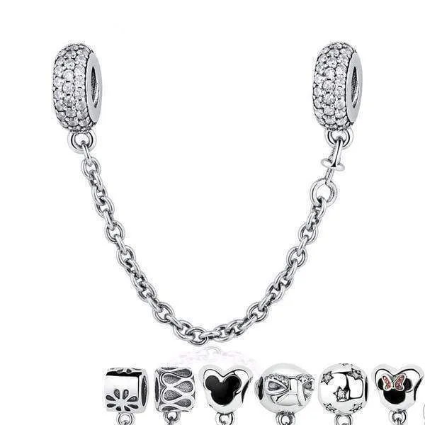 7 Styles, 925 Sterling Silver Pave Safety Chains, Clear CZ Stopper Charms Fit Pan Charm Bracelet
