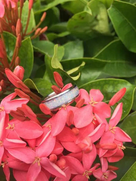 Black Fire and Ice Opal Titanium Ring