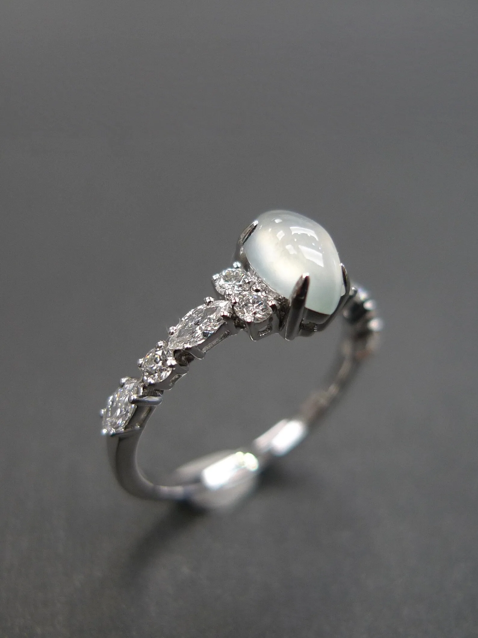 Certified Icy White Jade and Marquise Diamond Ring in White Gold