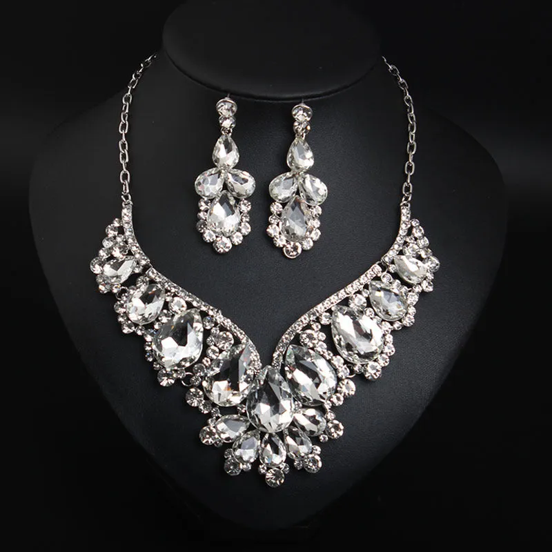 Cross-border jewelry two-piece set crystal gem necklace earrings set women's dress banquet accessories