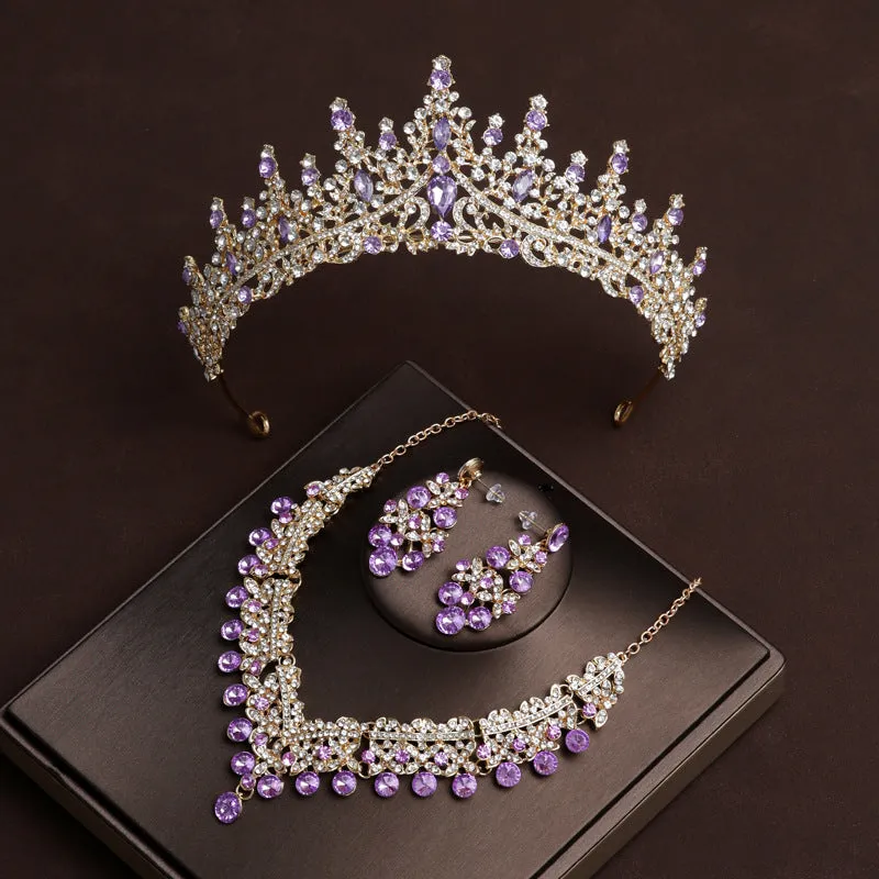 Crown Wedding Dress Birthday Hair Sccessories Purple Diamond Retro Luxury Necklace and Earrings Three-Piece Set