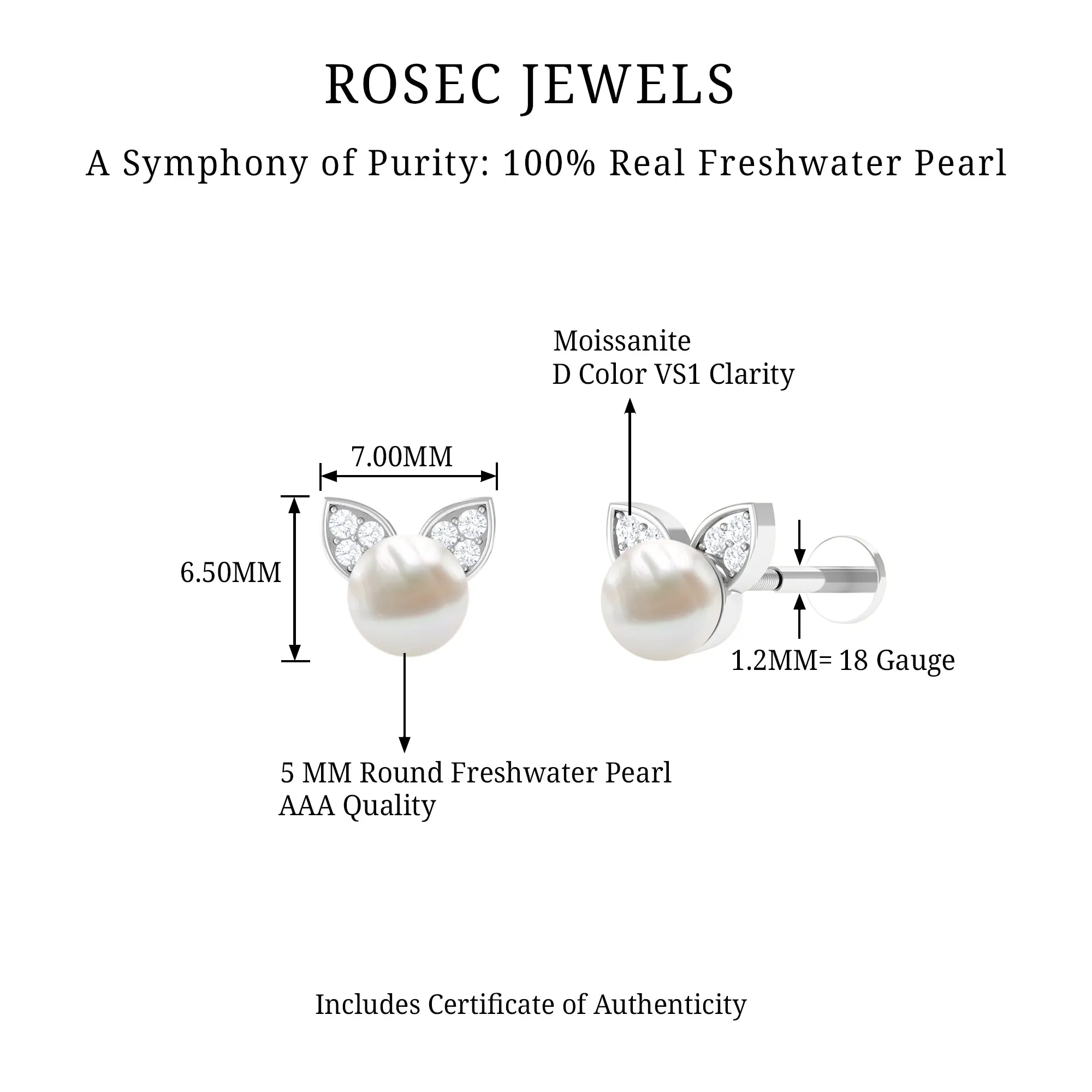 Cute Freshwater Pearl and Moissanite Cat Cartilage Earring