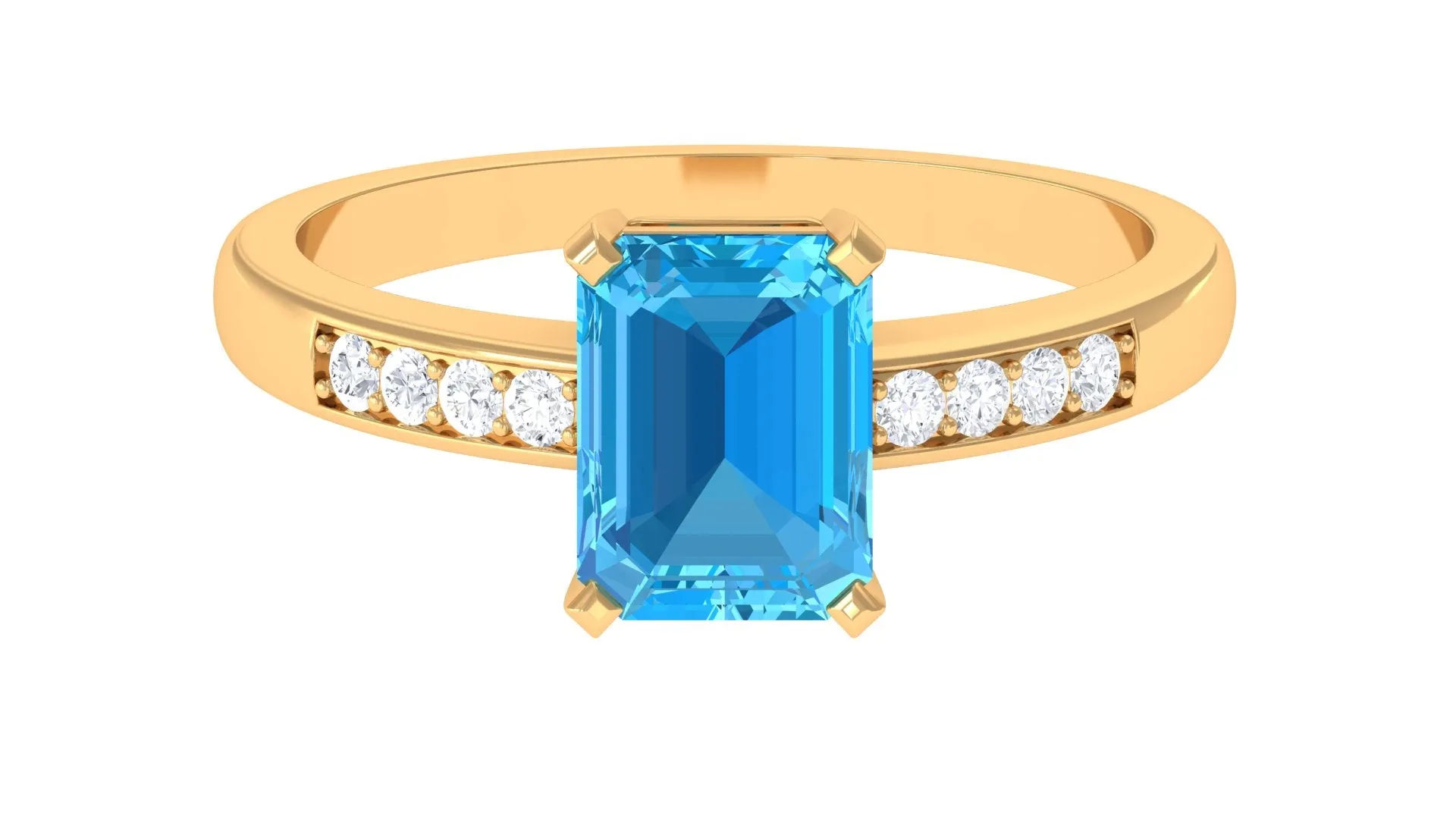 Emerald Cut Swiss Blue Topaz Solitaire Engagement Ring with Diamond Side Stones