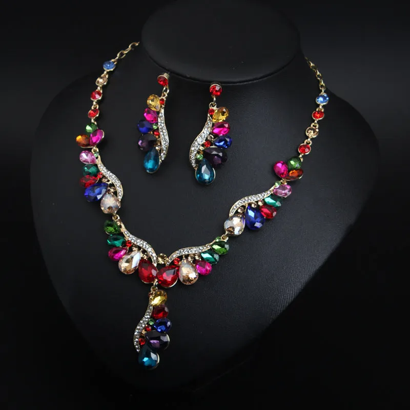 European and American light luxury water drop gemstone short necklace earrings set clavicle dress banquet