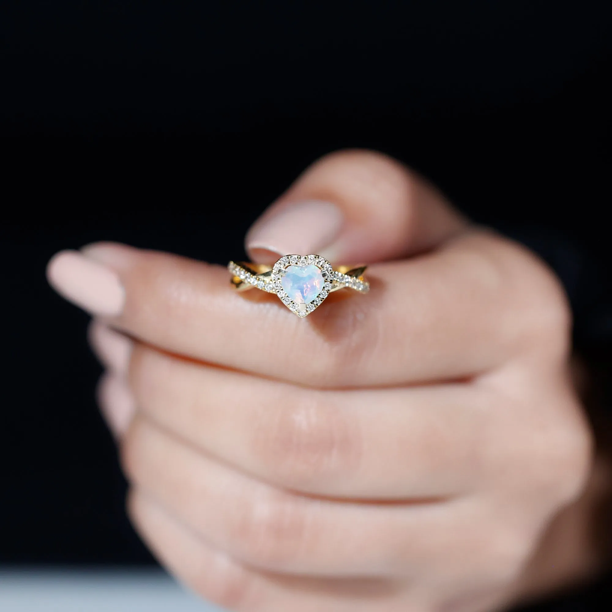 Heart Shape Ethiopian Opal Crossover Engagement Ring with Diamond