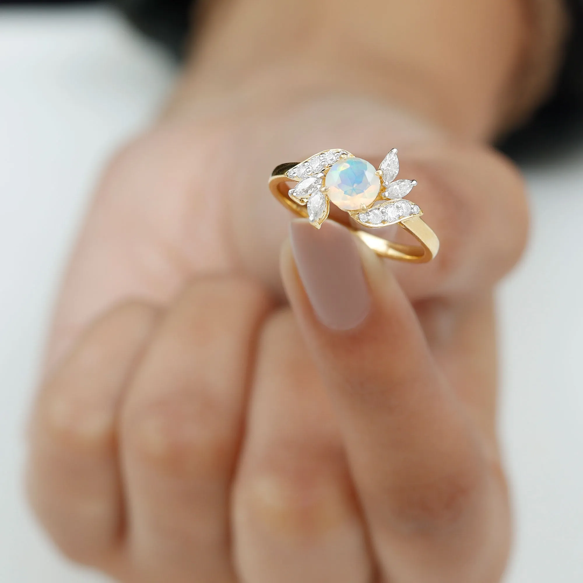 Natural Ethiopian Opal Flower Engagement Ring with Diamond