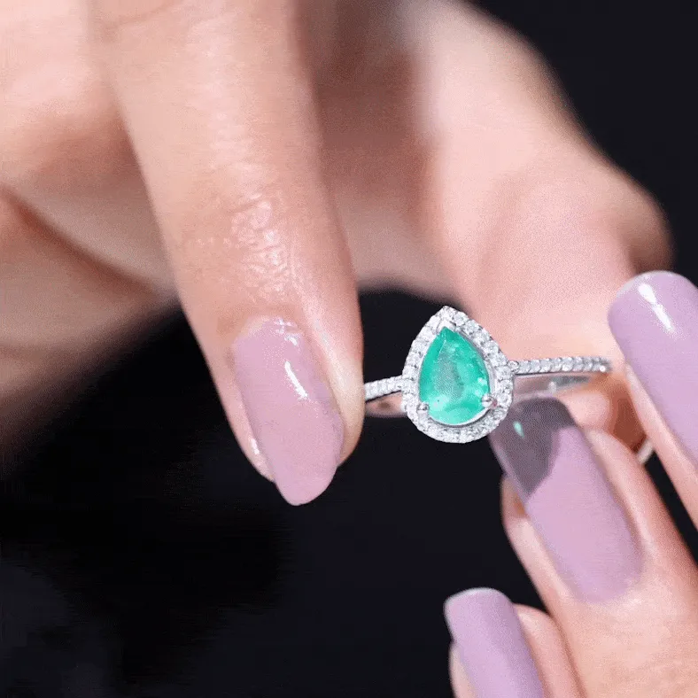 Pear Shaped Emerald Halo Engagement Ring With Moissanite