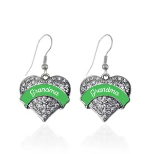 Silver Emerald Green Grandma Pave Heart Charm Dangle Earrings