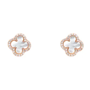 Sterling Silver Rose Gold Plated CZ Clover Studs Earrings