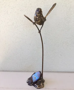 Superb Fairy Wren on Reed with Green Violet Boulder Opal
