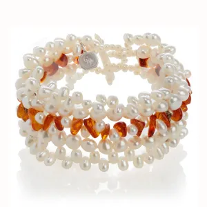 White Freshwater Pearl & Raw Amber 'Honey Drop' 5 Strand Bracelet