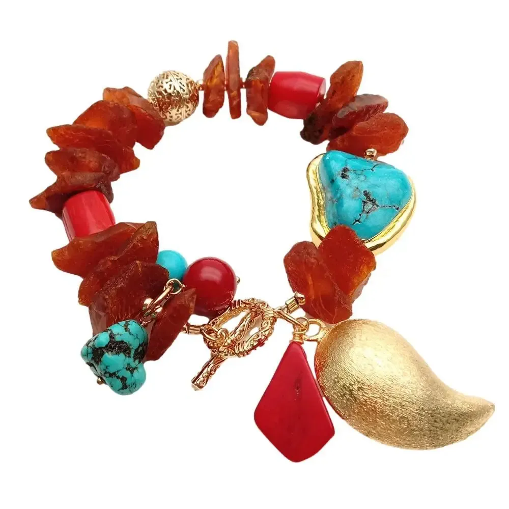 Y.YING Natural Amber Rough Blue Turquoise red coral charm bracelet 8'